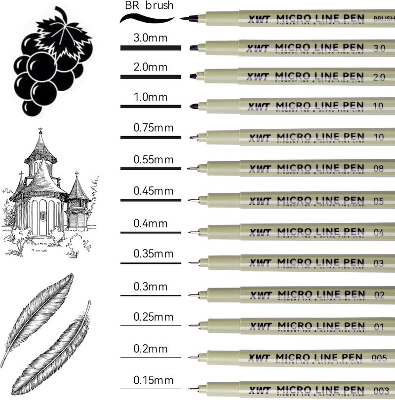 XWT 12+1 Fineliner Drawing Art Pens, Black Waterproof Pigment Ink Set for Artists, Sketching, Manga, Watercolor, Calligraphy, and Detail Outlining Archival Quality Inking Markers - Image 3